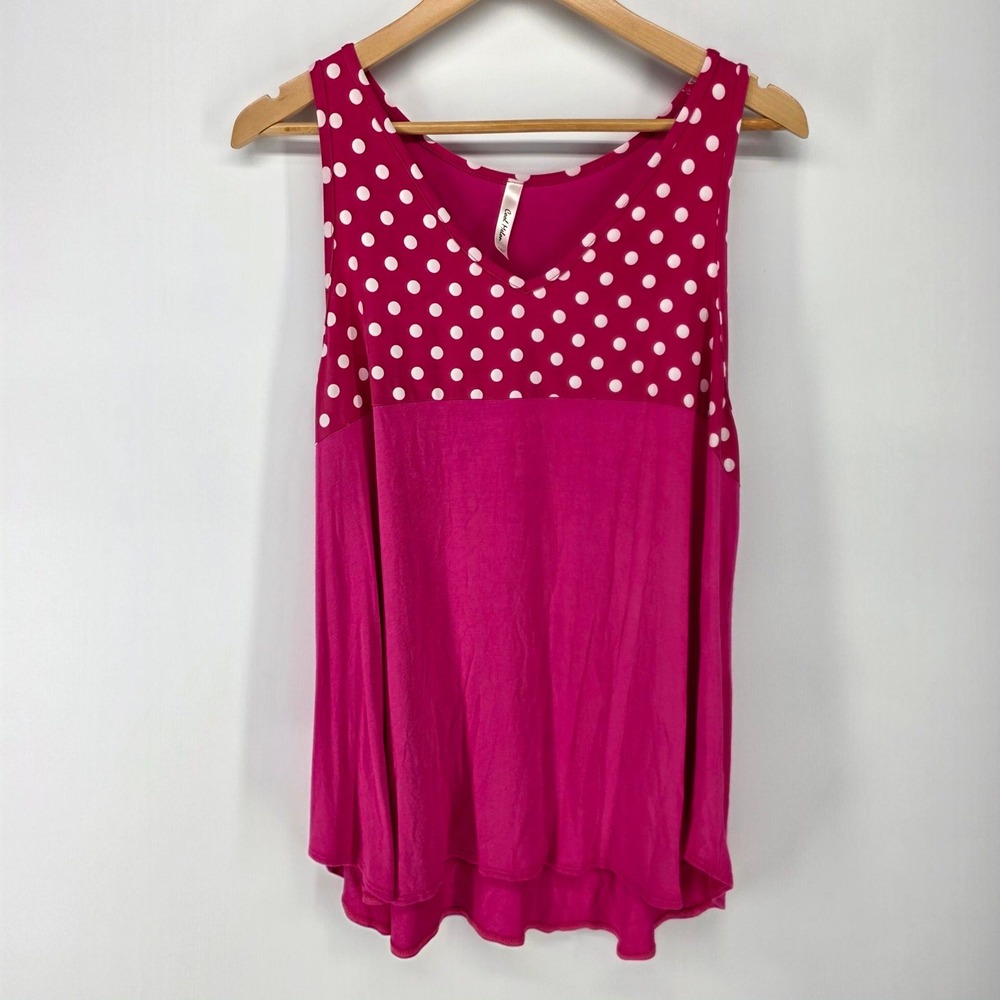 Cool Melon Tank Top Women 2X Pink Polka Dot High Low V-Neck Sleeveless USA